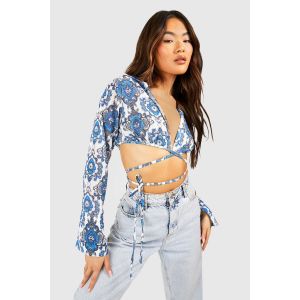 Chemise Cropped À Imprimé Cachemire Avec Nœud Sur Le Devant - Bleu - 40, Bleu