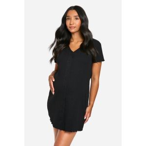 Chemise De Nuit Maternité À Côtes Et Boutonnée - Noir - 36, Noir