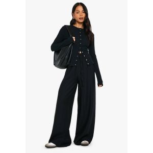 Pantalon Fluide À Taille À Cordon Et Jambes Larges - Noir - 38, Noir