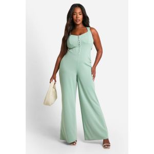 "Plus" Combinaison Grande Taille En Crepe Scuba Avec Corset, Détail Crochet Et Œillet, Bretelles Épaisses Et Jambes Larges - Vert Mastic - 56, Vert Mastic