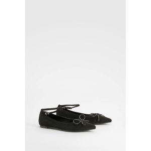 Ballerines À Bout Pointu Avec Détail Nœud Et Bride À La Cheville - Noir - 39, Noir