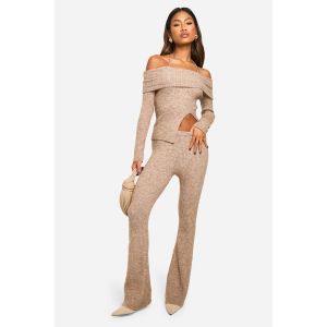 Rib Knit Bardot Ourlet Fendu Haut & Pantalon Évasé Coordonné - Blanc Cassé - Xl, Blanc Cassé