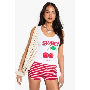 Sweet Cherry Graphic Rib Tank Vest Top - Blanc - Xl, Blanc
