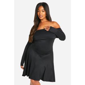 "Plus" Robe Skater Grande Taille Off Shoulder À Manches Longues - Noir - 44, Noir