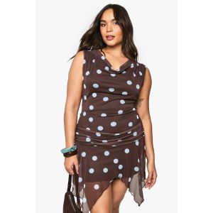 Robe Mini Grande Taille À Pois Avec Ourlet Foulard - Marron - 54, Marron