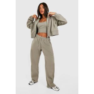Deep Hem Crop Top Ensemble Survêtement 3 Pièces À Capuche - Vert Kaki - S, Vert Kaki