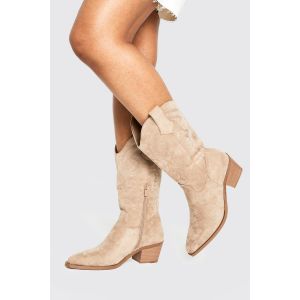 Bottes Western Mi-Hautes En Suède Synthétique Ornées De Détails De Broderie - Beige - 40, Beige