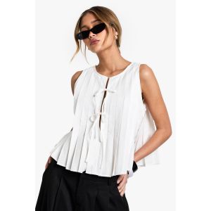 Top Drapé À Effet Lin Plissé Avec Nœud À L'Avant - Blanc - 36, Blanc