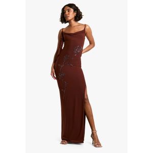 Robe Maxi Longue À Motifs Floraux Avec Broderies À La Main Et Col Drapé - Marron Chocolat - 44, Marron Chocolat