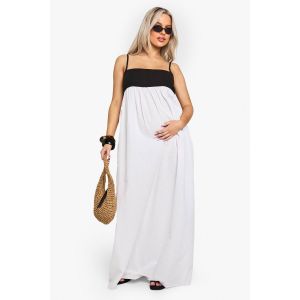 Robe Maxi De Maternité En Lin À Contraste - Noir - 36, Noir