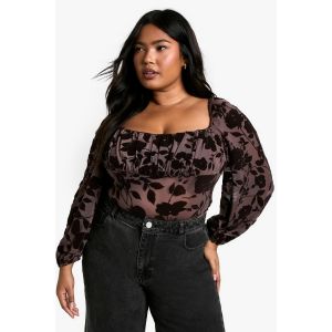 "Plus" Devore Body À Bustier Froncé Grande Taille - Marron Chocolat - 52, Marron Chocolat