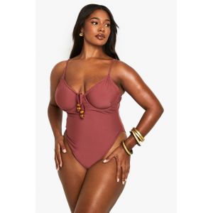 Maillot De Bain Grande Taille À Nouer Sur Le Devant Orné De Perles - Marron Chocolat - 52, Marron Chocolat
