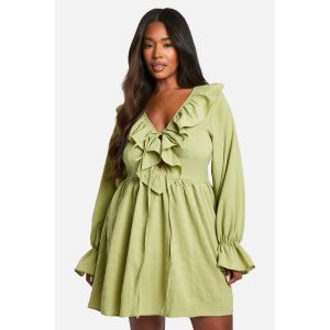 Robe Patineuse Pour Tailles "Plus" En Tissu Tissé Texturé À Volants - Vert Olive - 50, Vert Olive