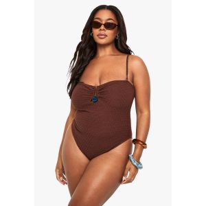 "Plus" Maillot De Bain Bandeau Grande Taille Avec Finition Froissée Et Détails En Gemmes - Marron Chocolat - 48, Marron Chocolat
