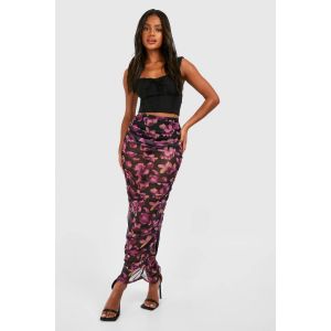 Jupe Maxi En Maille Imprimée Florale À Fronces - Noir - 36, Noir