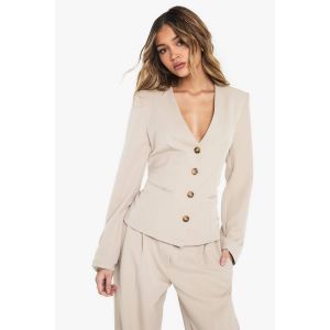 Veste Blazer Cintrée Boutonnée À Col En V - Gris Pierre - 40, Gris Pierre