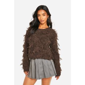 Petit Pull Tricoté Court À Détail De Franges - Marron Chocolat - Xs, Marron Chocolat
