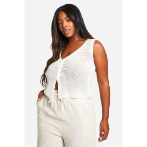 "Plus" Gilet Tricoté Grande Taille À Crochet Et Oeillets - Blanc Écru - 44, Blanc Écru
