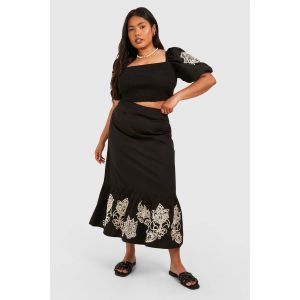 "Plus" Jupe Midaxi Brodée En Tissu Tissé - Noir - 50, Noir