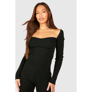 "Tall" Sweetheart Rib Knit Fitted Top - Noir - L, Noir