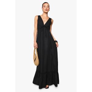 Robe Maxi En Popeline De Coton Pour Grandes Avec Fronces Et Volants - Noir - 46, Noir