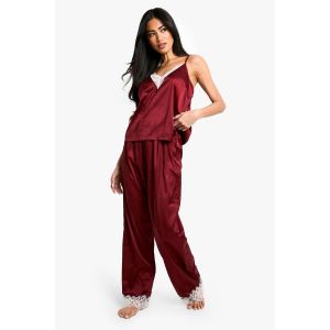 Contrast Lace Trim Cami Top & Trouser Pyjama Set - Rouge Bordeaux - 40, Rouge Bordeaux