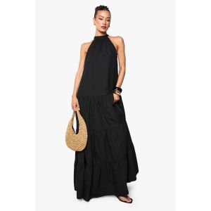 Robe Smock À Encolure Haute En Popeline De Coton, Version Allongée À Volants - Noir - 42, Noir