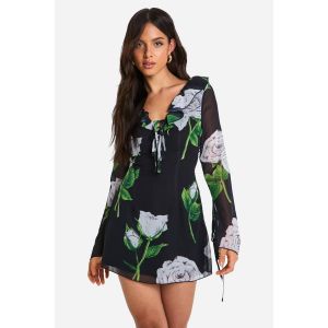 Robe-Chemise À Volants En Chiffon Fleuri - Noir - 42, Noir