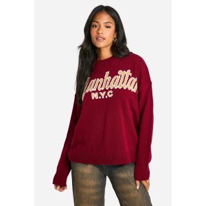 Pull Tricoté Oversize À Col Rond Avec Broderie "Manhattan" Pour Grandes Tailles - Rouge Bordeaux - S, Rouge Bordeaux