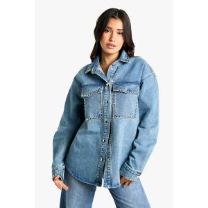 Chemise En Denim Oversize Avec Détails Cloutés - Bleu - 34, Bleu