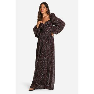 Robe Longue En Mousseline De Soie À Manches Bouffantes Et Imprimé Cerise - Noir - 36, Noir