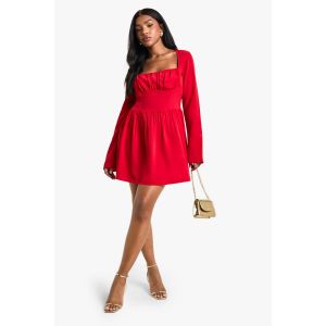 Robe Mini Milkmaid Texturée À Manches Longues - Rouge - 36, Rouge