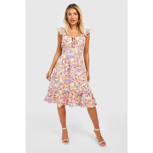 Robe Mi Longue À Volants Et Fleurs - Blanc Écru - 12, Blanc Écru