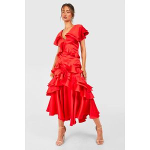Robe Longue En Satin À Volants - Rouge - 40, Rouge