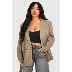 "Plus" Blazer Double Boutonnage Rayé Effet Lin Pour Grande Taille - Marron Taupe - 48, Marron Taupe