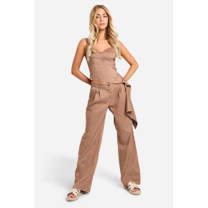 Pantalon À Jambes Larges Effet Lin À Plis Sur Le Devant - Marron Chocolat - 42, Marron Chocolat
