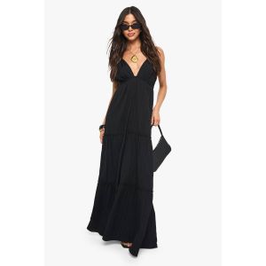 Robe Maxi Texturée Froissée À Bretelles Et À Volants - Noir - 42, Noir
