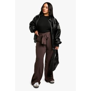 "Plus" Pantalon Ample À Jambes Larges En Tissu Tissé Texturé Et Ceinturé - Marron Chocolat - 54, Marron Chocolat