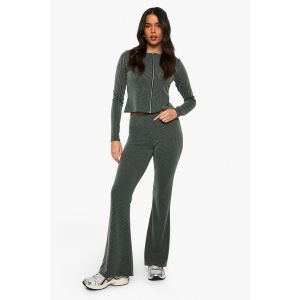 2 Tone Rib Zip Up Top & Flared Trouser - Vert Kaki - 40, Vert Kaki