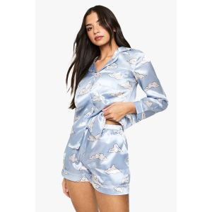 Ensemble De Pyjama En Satin À Manches Longues Et Short À Imprimé Nuages - Bleu Ciel - 34, Bleu Ciel