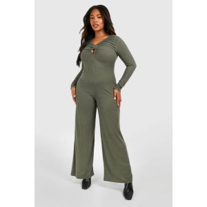 "Plus" Combinaison Grande Taille En Jersey Côtelé Avec Détail En Trou De Serrure Et Jambes Larges - Vert Olive - 56, Vert Olive