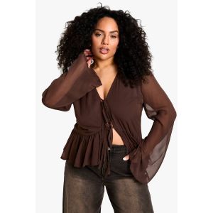Blouse Grande Taille À Nouer Sur Le Devant Avec Volant - Marron Chocolat - 46, Marron Chocolat