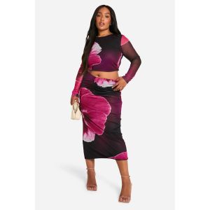 Jupe Midaxi Grande Taille En Mesh Floral Avec Dos Froncé - Rose - 56, Rose