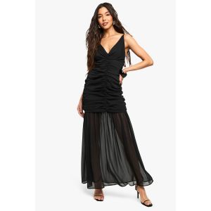 Robe Longue En Chiffon À Effet Froncé Et Décolleté Plongeant - Noir - 40, Noir