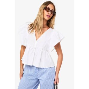 Haut Smock À Col En V Avec Volants - Blanc - 42, Blanc