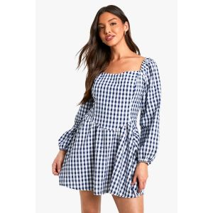 Robe Mini Vichy À Manches Longues - Bleu Foncè - 38, Bleu Foncè