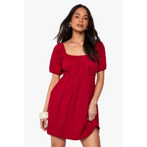 Robe Mini En Lin Smockée À Manches Bouffantes - Rouge - 42, Rouge