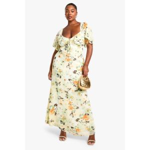 Robe Maxi Grande Taille Avec Des Détails À Franges, À Manches Courtes, Imprimée - Citron - 44, Citron