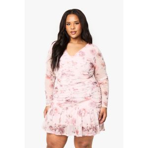 "Plus" Floral Mesh Ruched Frill Hem Mini Dress - Nude/Coquille D'Œuf - 44, Nude/Coquille D'Œuf
