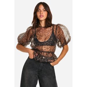 Organza Top À Manches Bouffantes Et Dos Noué Imprimé Léopard - Leopard - 34, Leopard